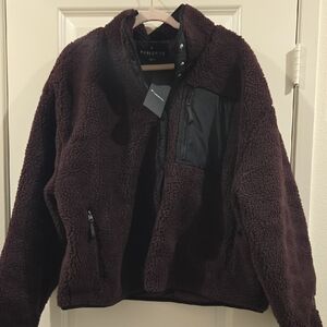 Fabletics Deep Burgundy Sherpa Teddy Jacket with Black Trim, XXL, New